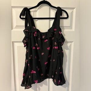 CECE long sleeve cold shoulder black with floral print blouse. L